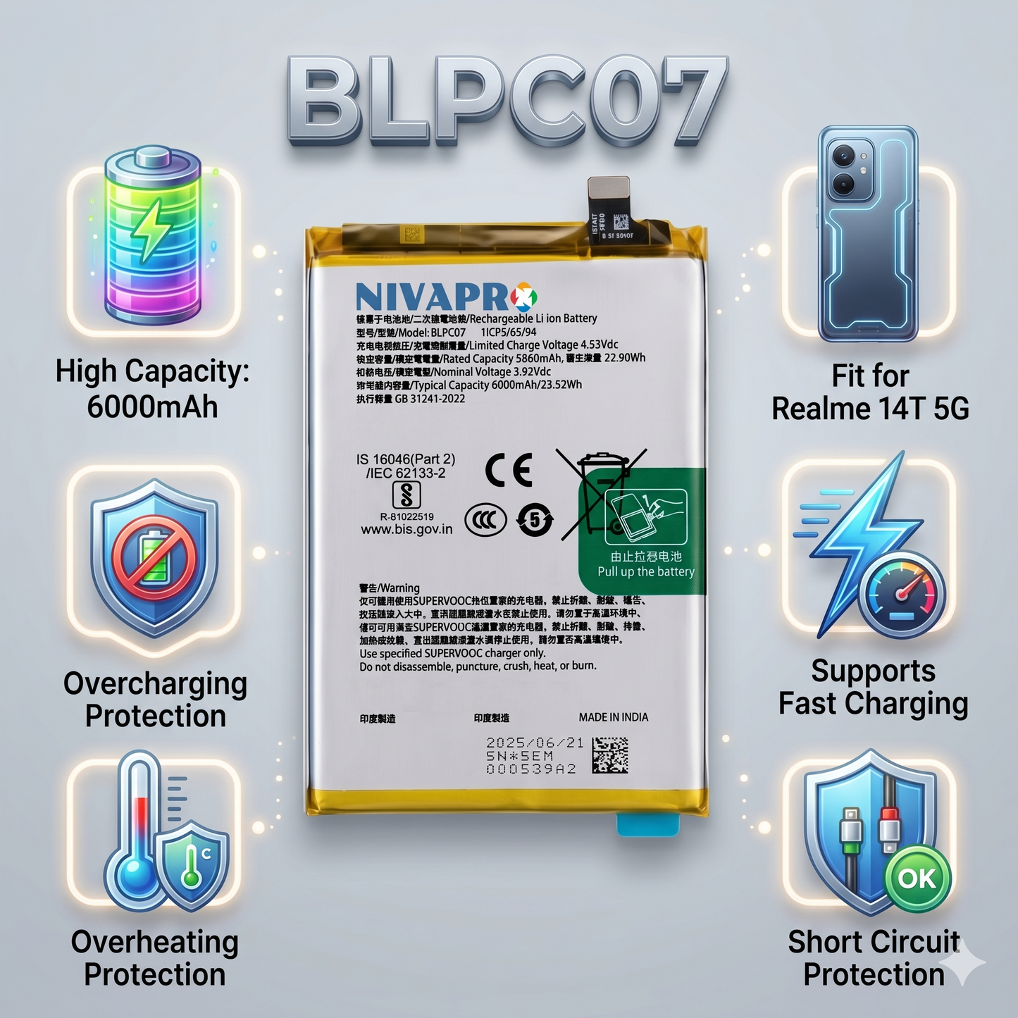 Original BLPC07 for Realme 14T 5G 6000mAh Battery with warranty by NIVAPRO