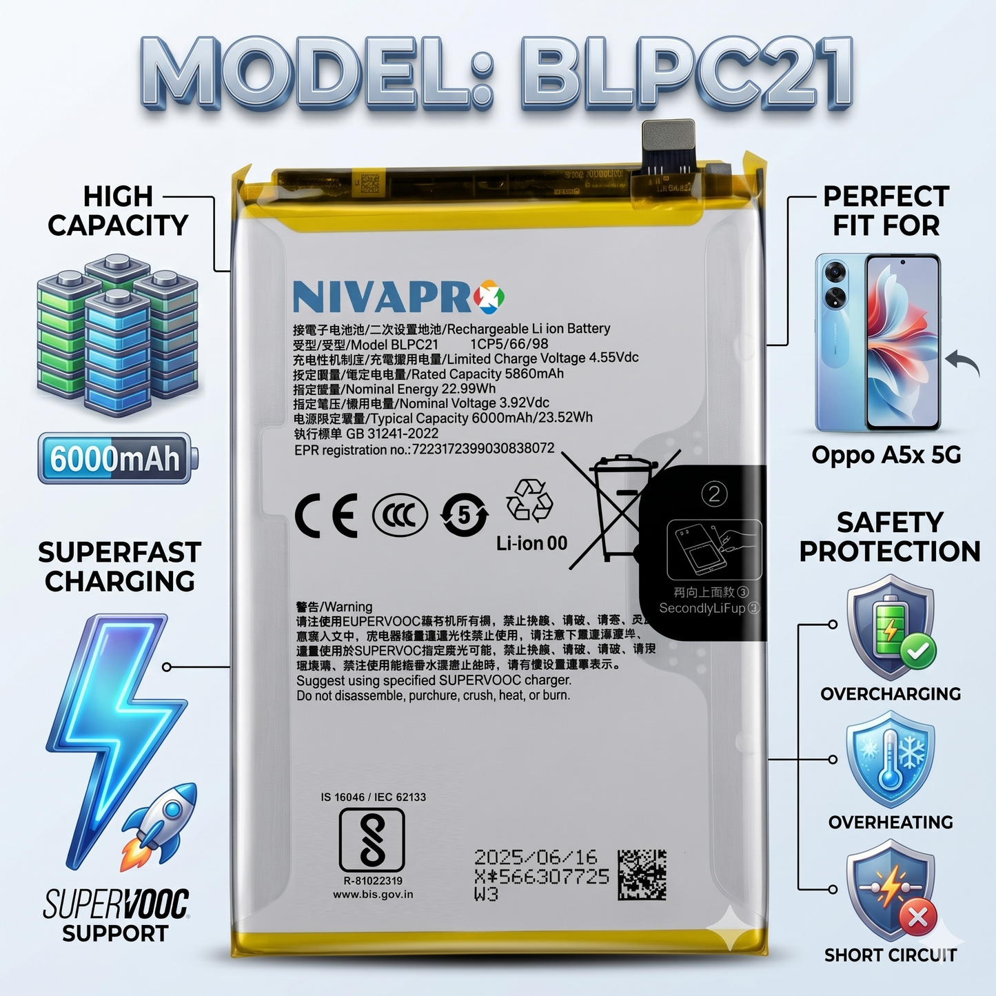 Original BLPC21 for Oppo A5x 5G 6000mAh Battery with warranty by NIVAPRO