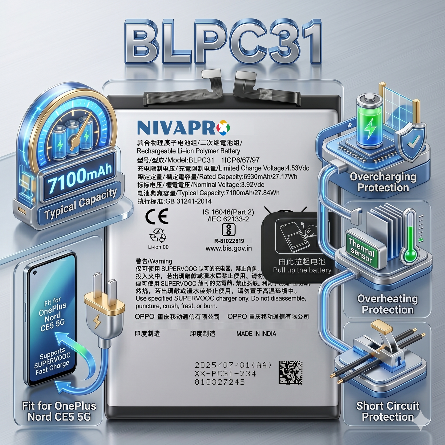 Original BLPC31 for  OnePlus Nord CE5 5G 7100mAh Battery with warranty by NIVAPRO