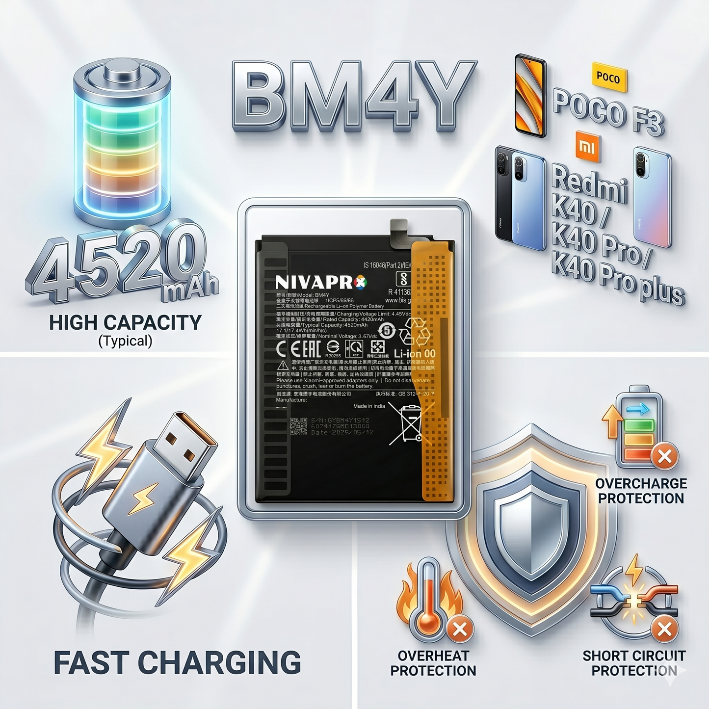 BM4Y for Xiaomi POCO F3 |  Redmi K40 | Redmi K40 pro | Redmi K40 pro plus  with Warranty by NIVAPRO 4520mAh