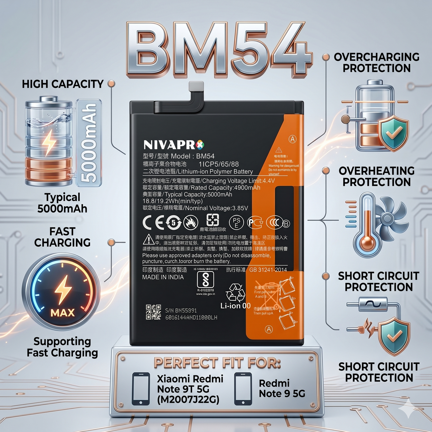 BM54 for  Xiaomi Redmi Note 9T 5G (M2007J22G) and Redmi Note 9 5G  with Warranty by NIVAPRO 5000mAh