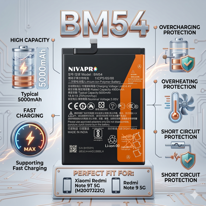 BM54 for  Xiaomi Redmi Note 9T 5G (M2007J22G) and Redmi Note 9 5G  with Warranty by NIVAPRO 5000mAh