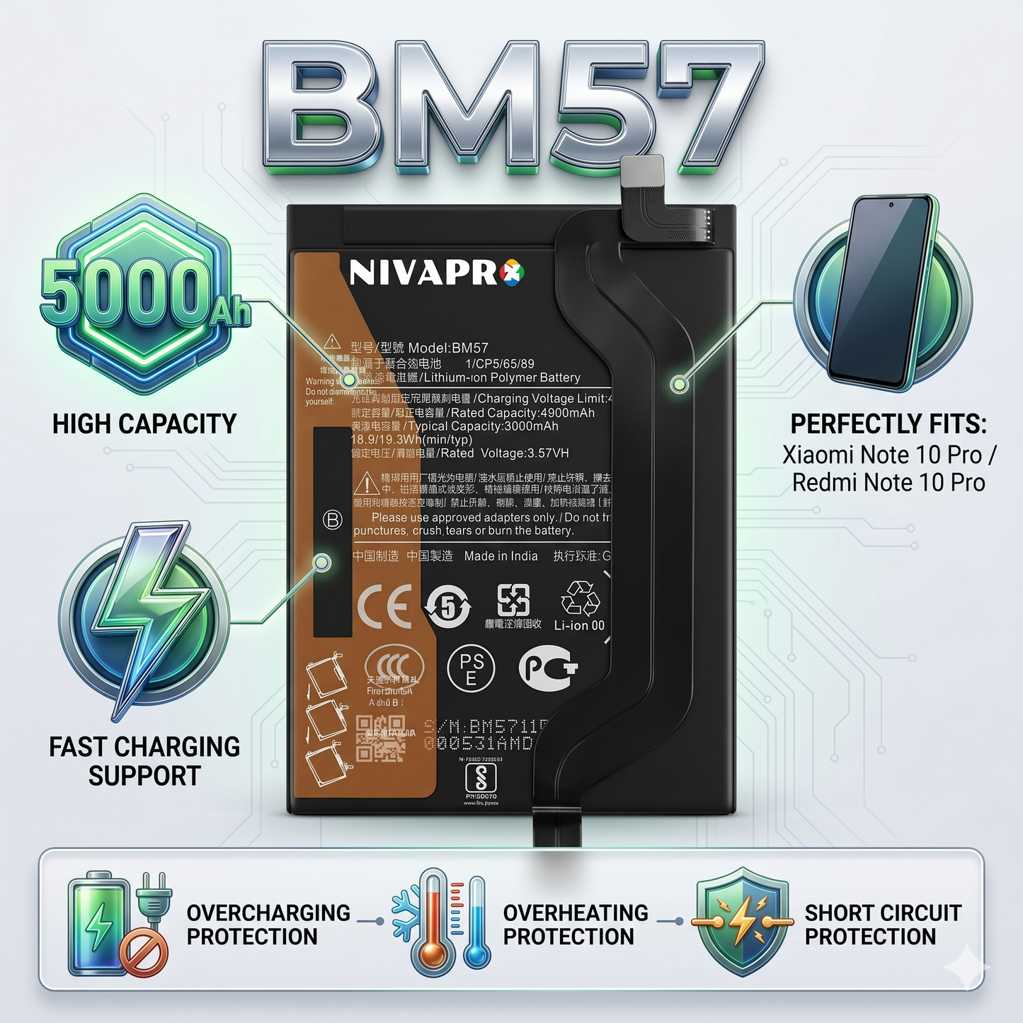 BM57 for Xiaomi Redmi Note 10 Pro and Redmi Note 10 Pro Max POCO X3 with Warranty by NIVAPRO 5000mAh