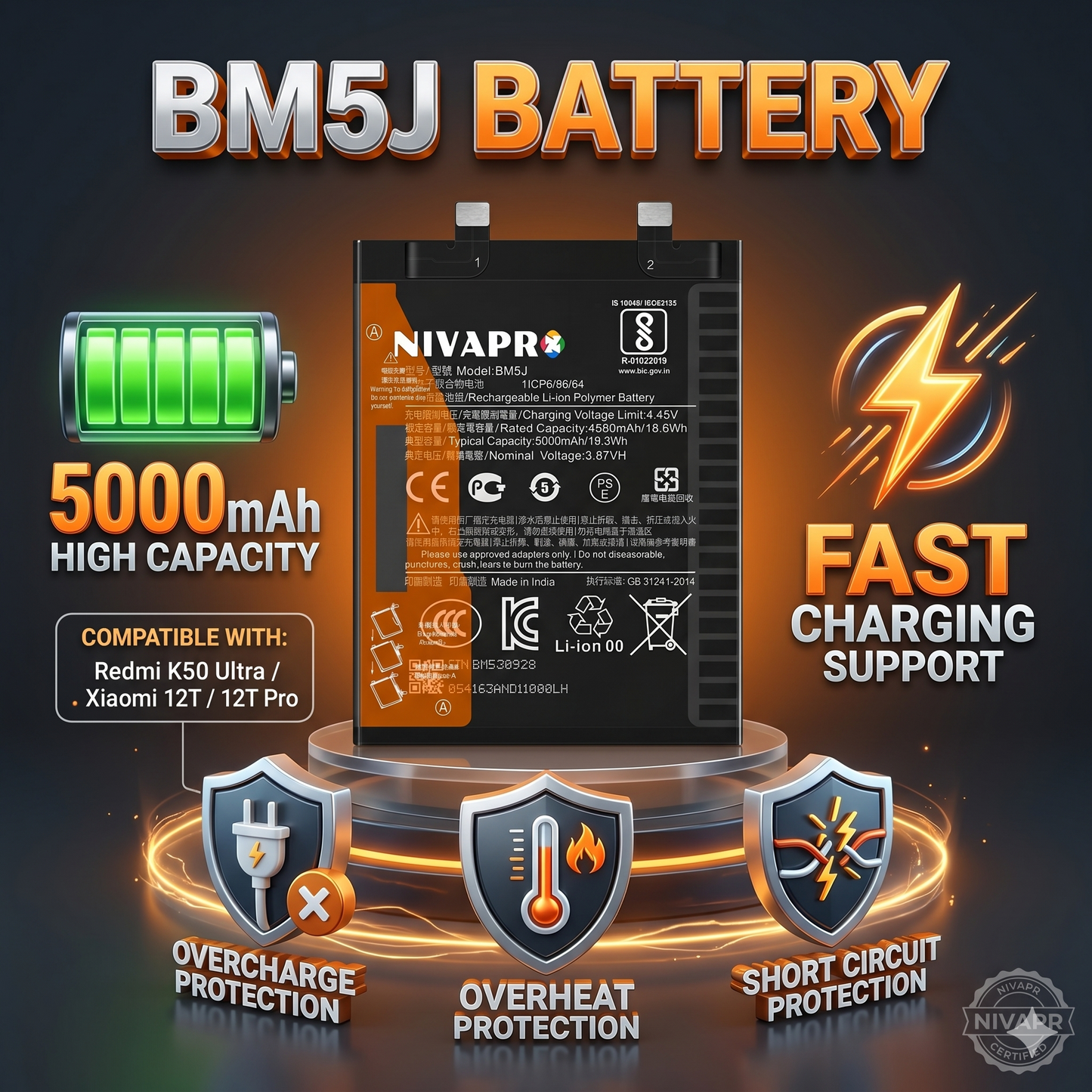 BM5J for Xiaomi Redmi K50 Ultra, Xiaomi 12T, and 12T Pro with Warranty by NIVAPRO 5000mAh
