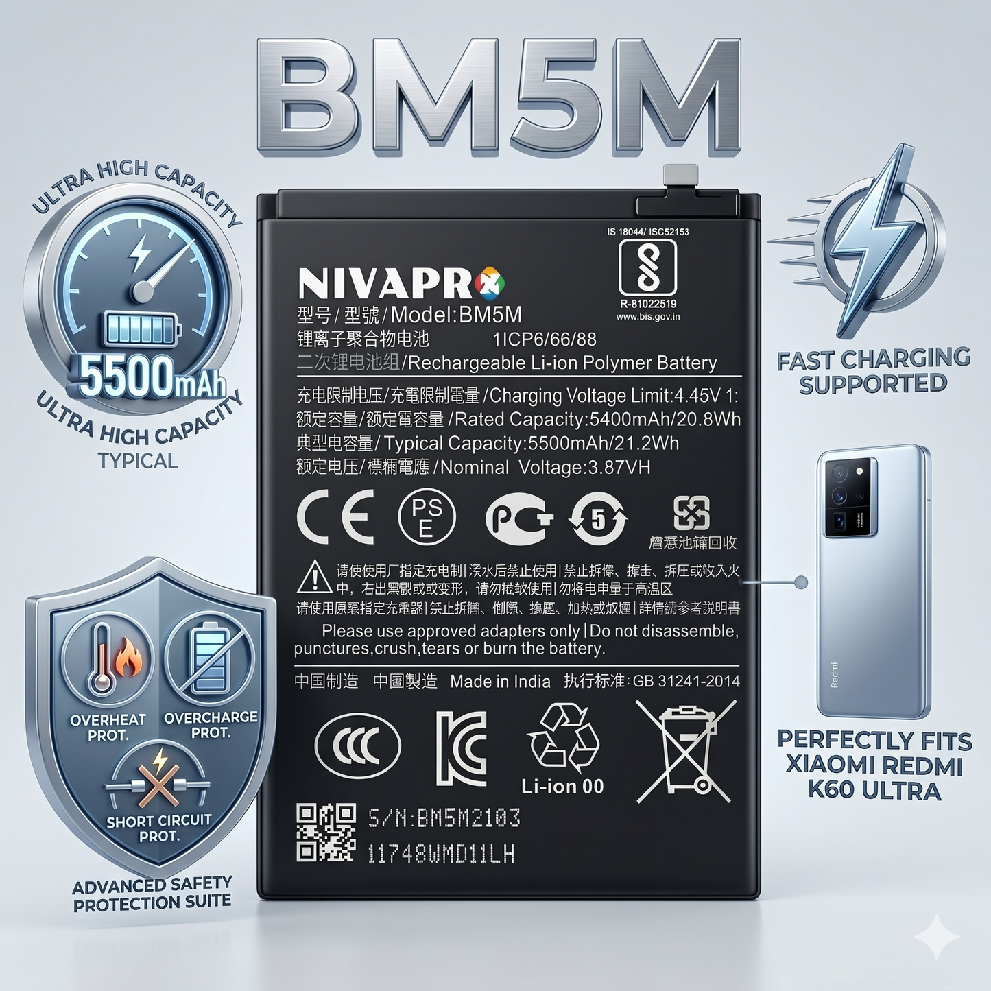 BM5M for Xiaomi Redmi K60 Ultra with Warranty by NIVAPRO 5500mAh