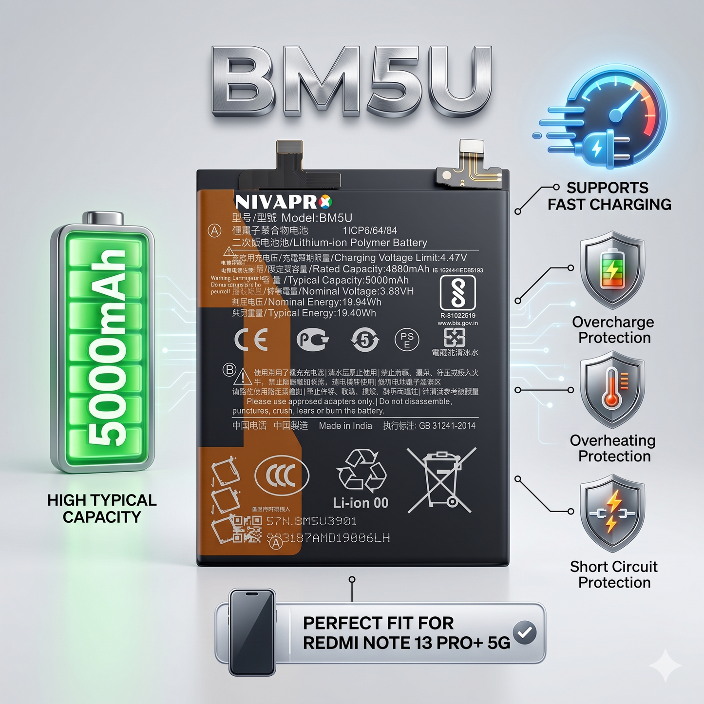BM5U for Xiaomi Redmi Note 13 Pro+ 5G with Warranty by NIVAPRO 5000mAh