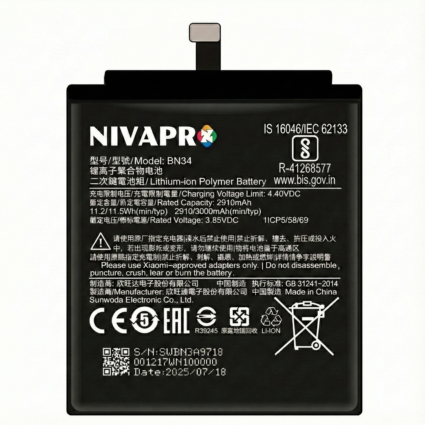 NIVAPRO BN34 Battery for Redmi 5A/5A/MCG3B/MCI3B Compatible 3000mAh