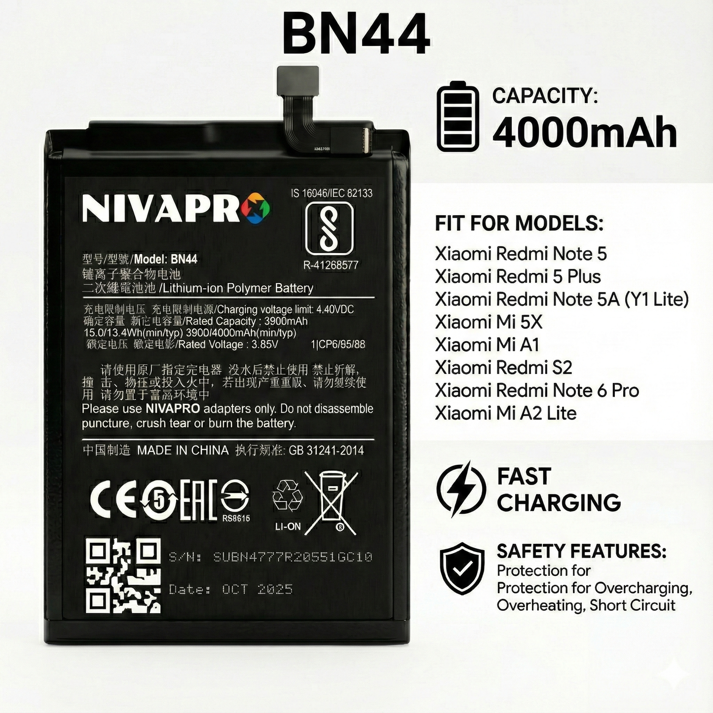NIVAPRO  Note 5 / Mi Note 5 / BN44 Compatible 4000mAh Battery