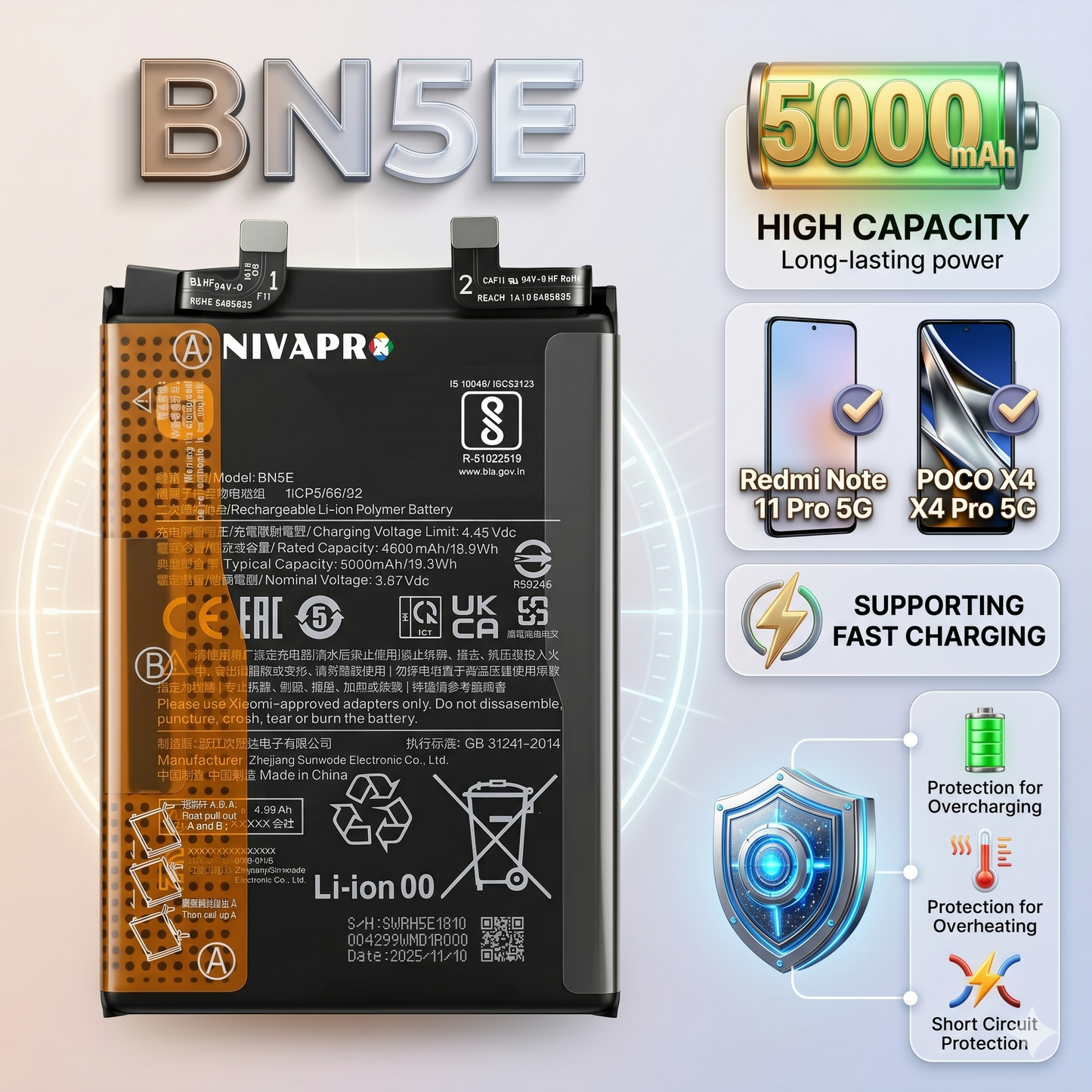 BN5E for  Xiaomi Redmi Note 11 Pro 5G and POCO X4 Pro 5G with Warranty by NIVAPRO 5000mAh