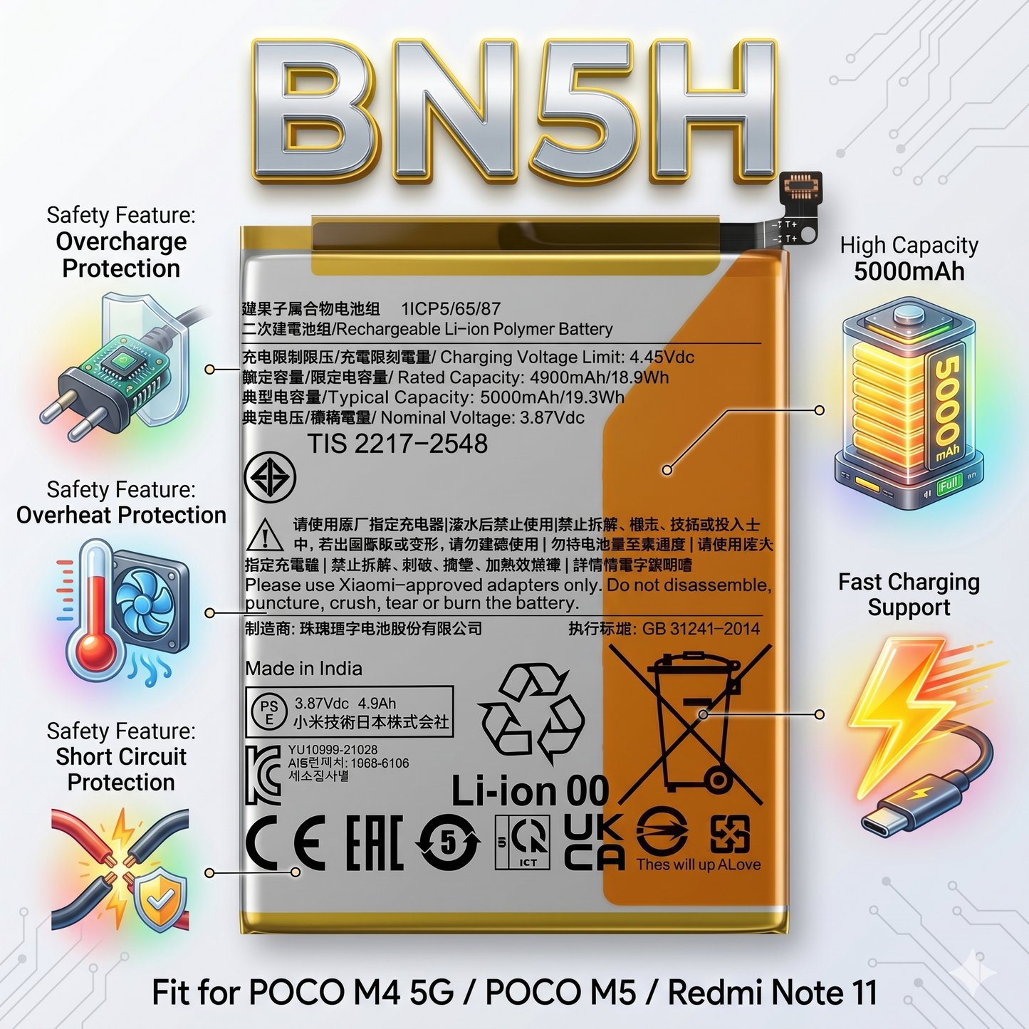 BN5H for  Poco M4 5G, Poco M5, and Redmi Note 11 E | Redmi 10 with Warranty by NIVAPRO 5000mAh