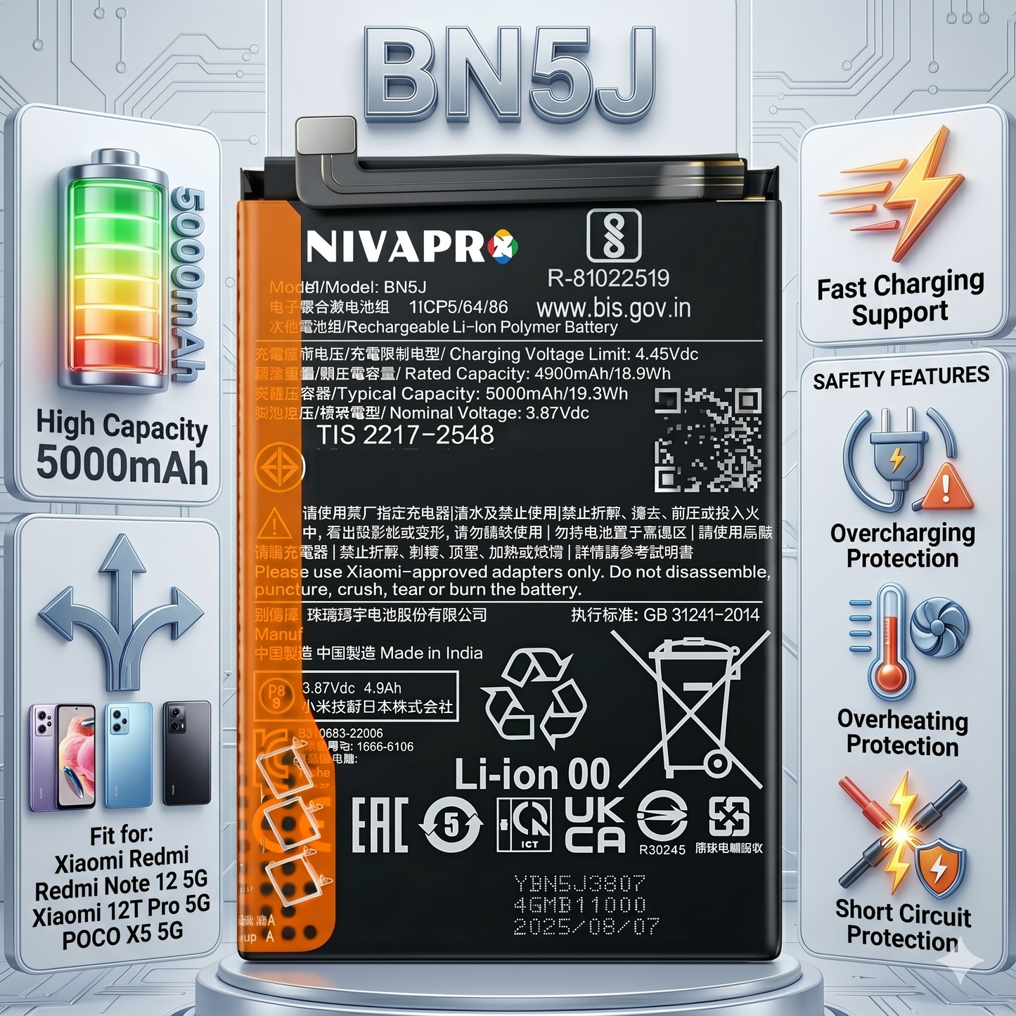 BN5J for Xiaomi Redmi Note 12 5G, 12T Pro 5G, and POCO X5 5G with Warranty by NIVAPRO 5000mAh