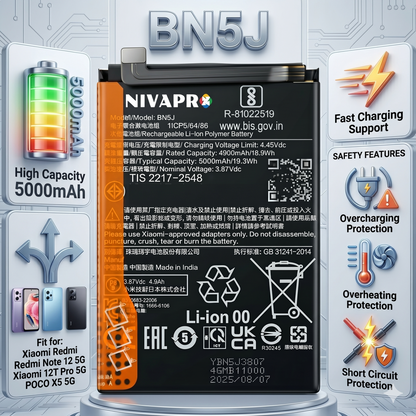 BN5J for Xiaomi Redmi Note 12 5G, 12T Pro 5G, and POCO X5 5G with Warranty by NIVAPRO 5000mAh