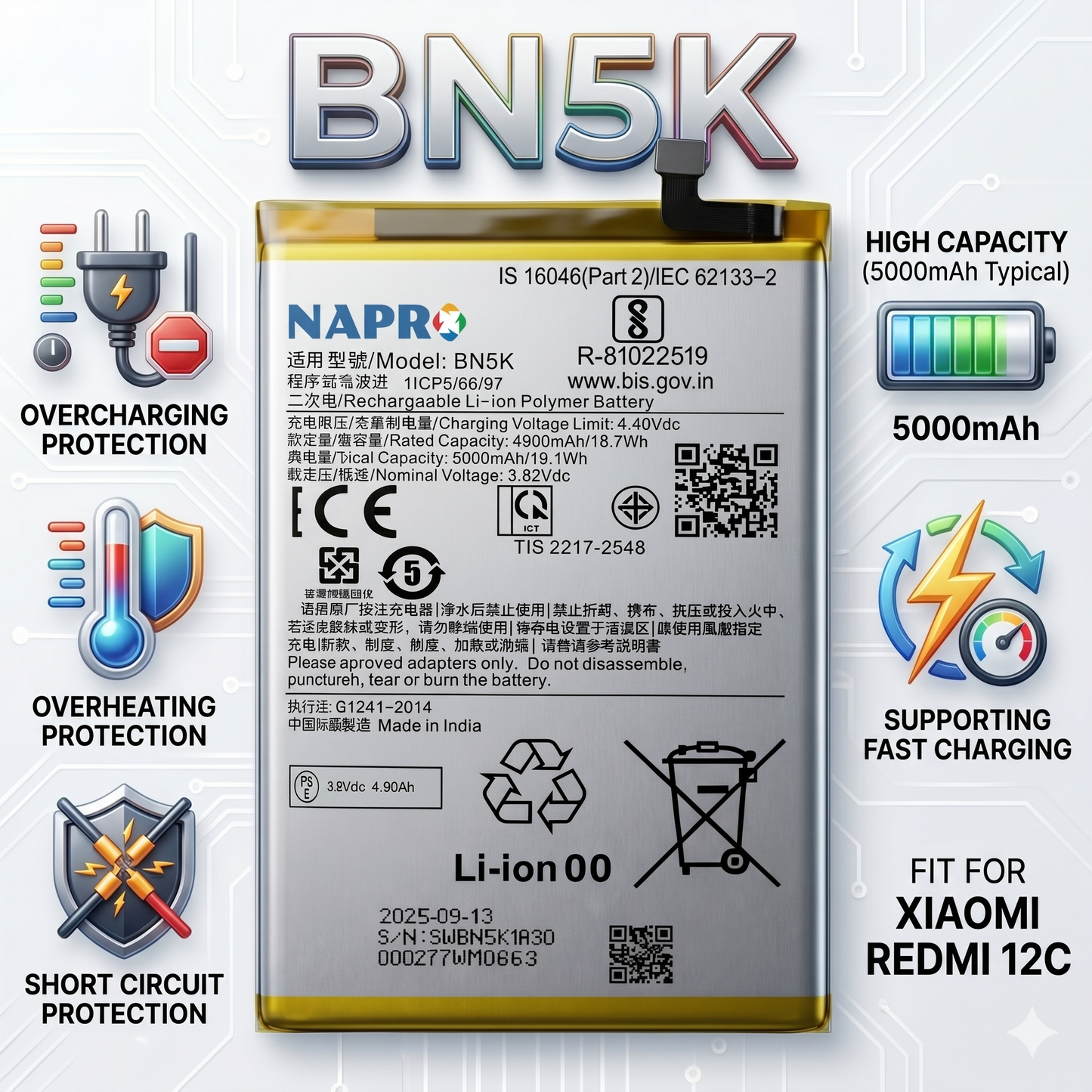 BN5K for  Xiaomi Redmi 12C POCOC C55 with Warranty by NIVAPRO 5000mAh