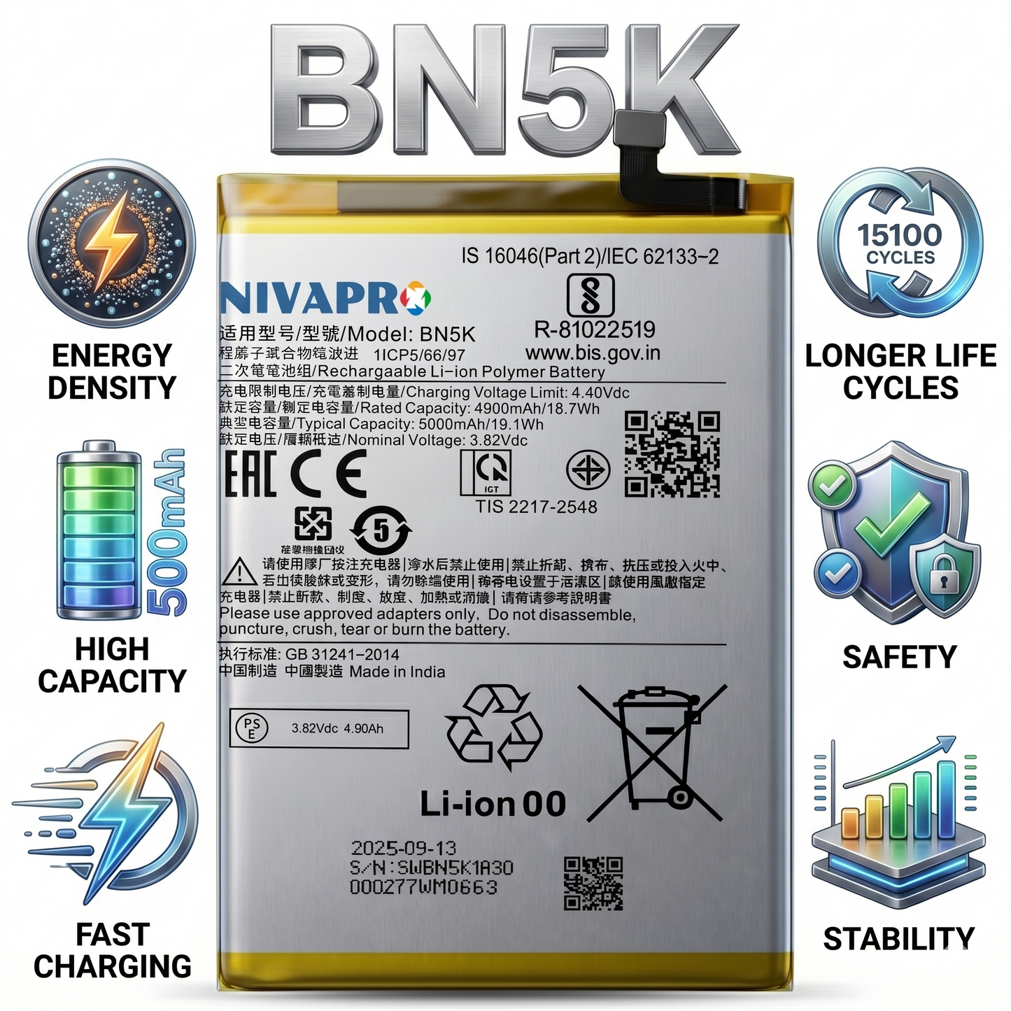 BN5K for  Xiaomi Redmi 12C POCOC C55 with Warranty by NIVAPRO 5000mAh