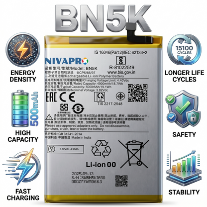 BN5K for  Xiaomi Redmi 12C POCOC C55 with Warranty by NIVAPRO 5000mAh