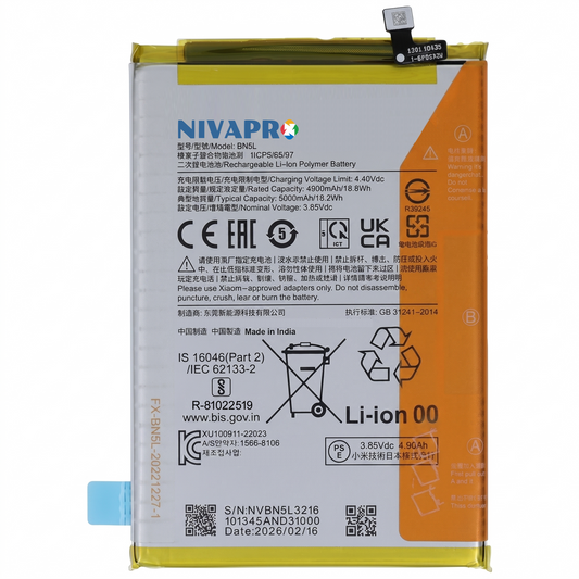 BN5L for Xiaomi Redmi 12C POCO C55 (22120RN86G) with Warranty by NIVAPRO 5000mAh