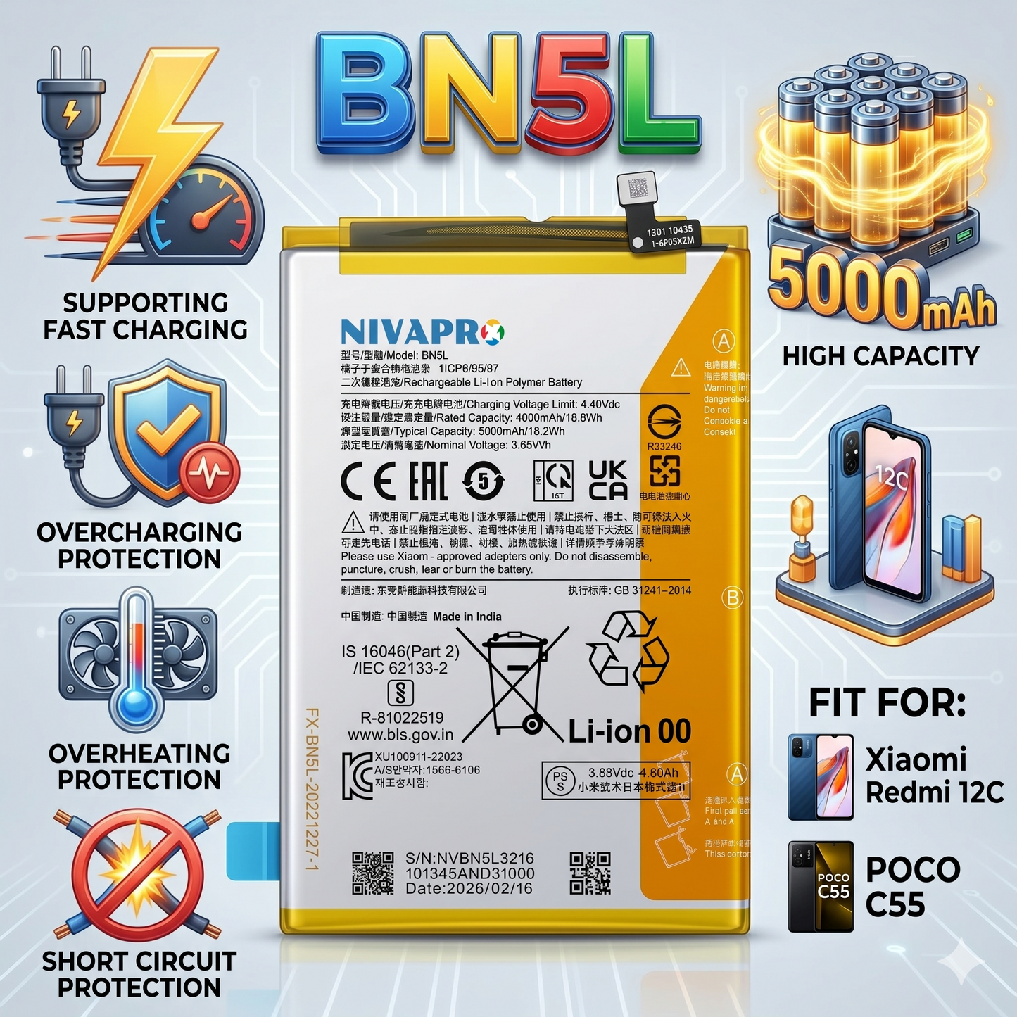 BN5L for Xiaomi Redmi 12C POCO C55 (22120RN86G) with Warranty by NIVAPRO 5000mAh
