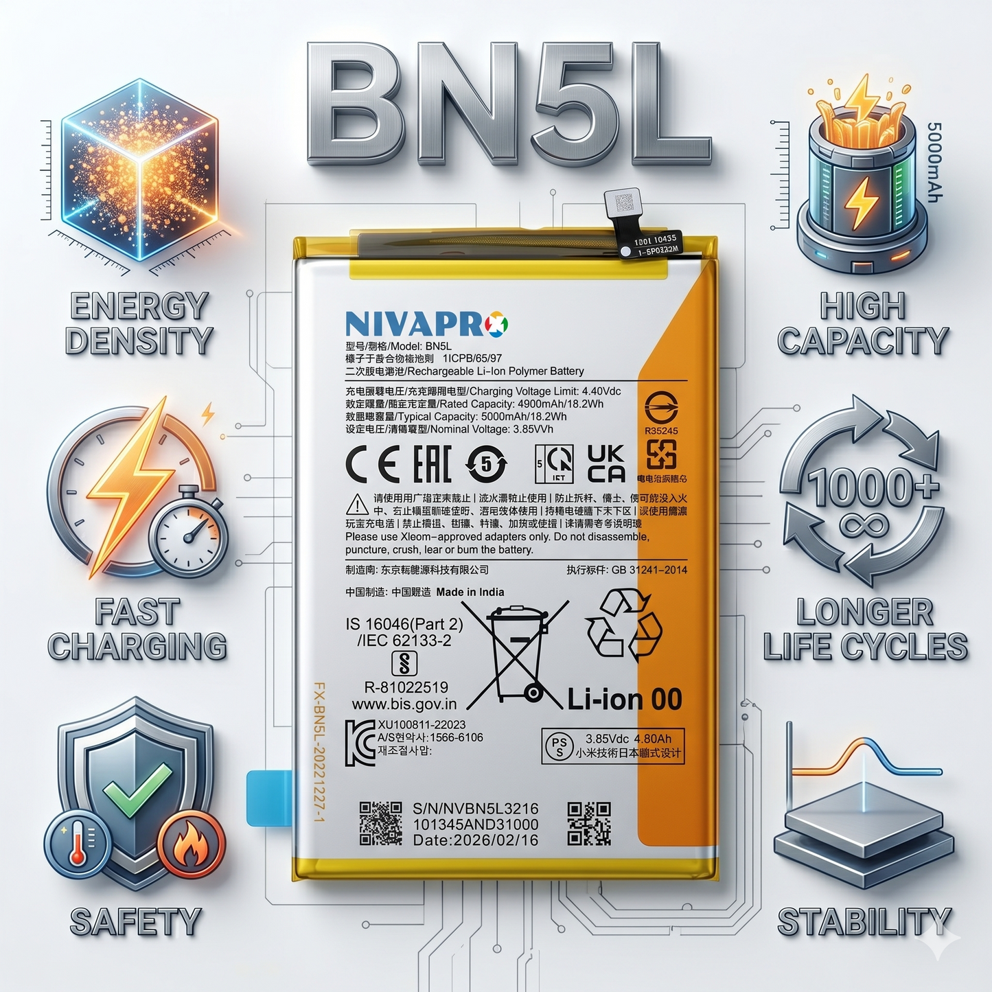 BN5L for Xiaomi Redmi 12C POCO C55 (22120RN86G) with Warranty by NIVAPRO 5000mAh