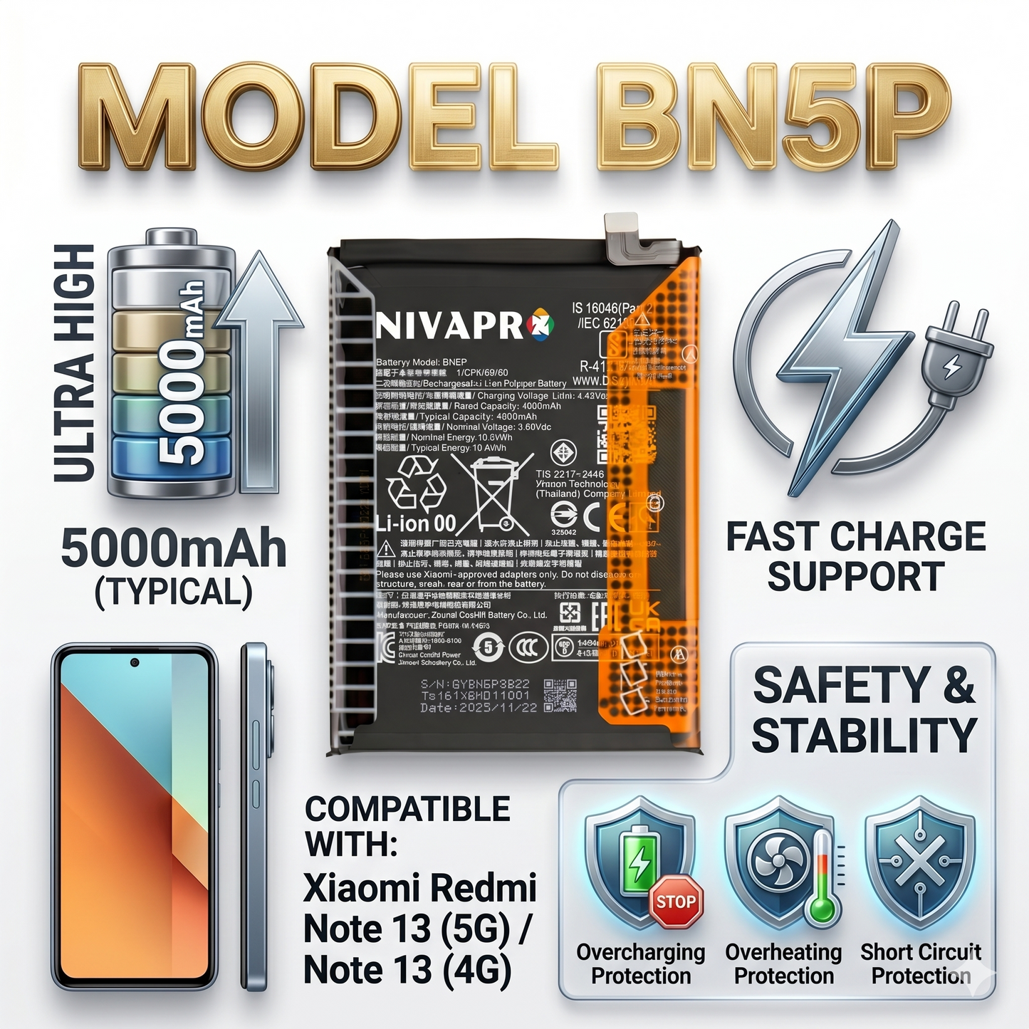 BN5P for Xiaomi Redmi Note 13 5G and Redmi Note 13 4G with Warranty by NIVAPRO 5000mAh