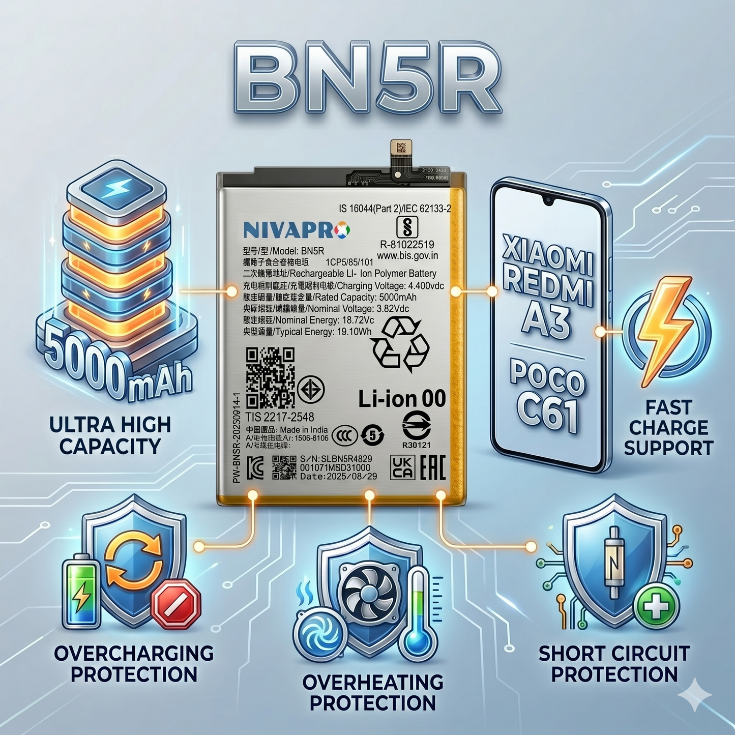 BN5R for  Xiaomi Redmi A3 and Poco C61 with Warranty by NIVAPRO 5000mAh