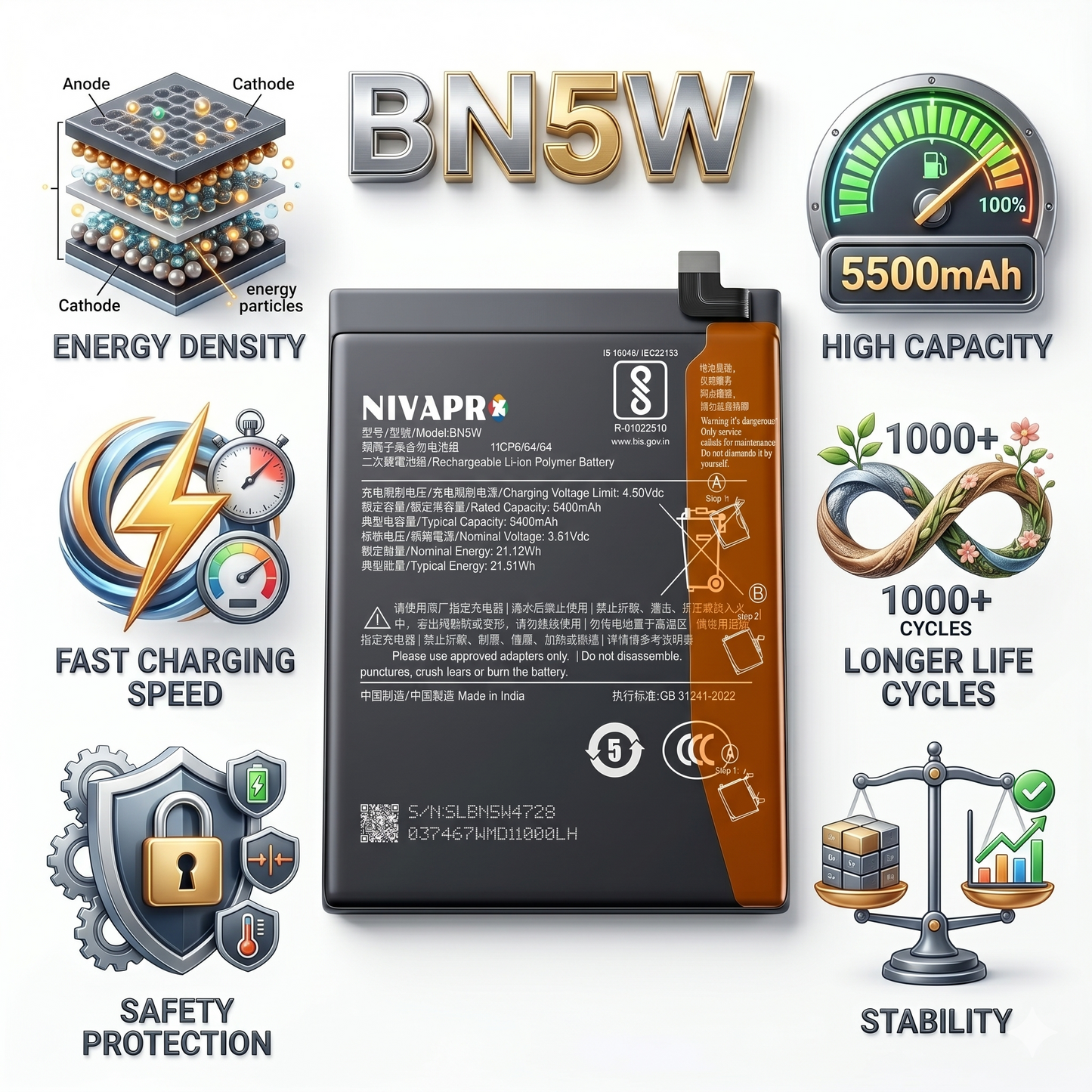BN5W for Xiaomi Redmi Note 14 Pro 5G and 4G with Warranty by NIVAPRO 5500mAh