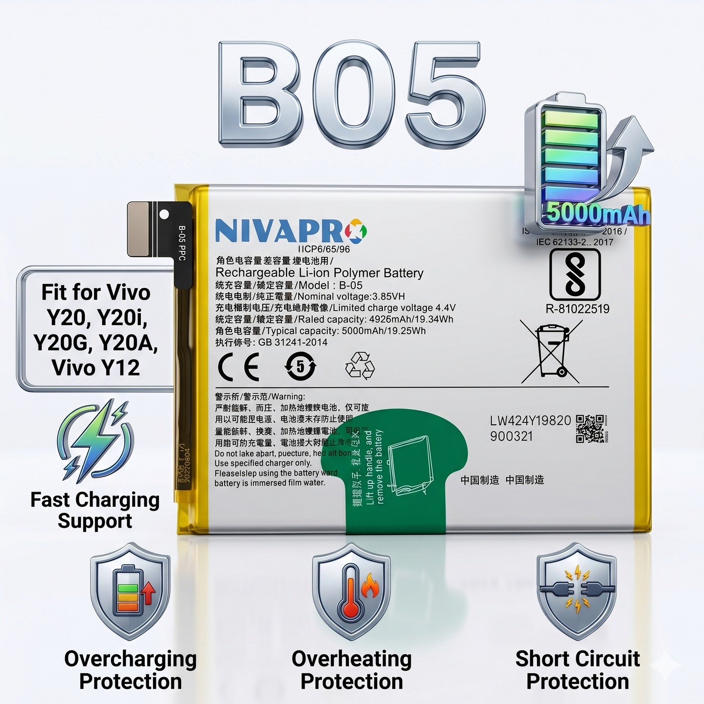 BO5 B-O5 for  Vivo Y20 | Y20i | Y20G | Y20A | Y12  5000mAh Battery with warranty by NIVAPRO