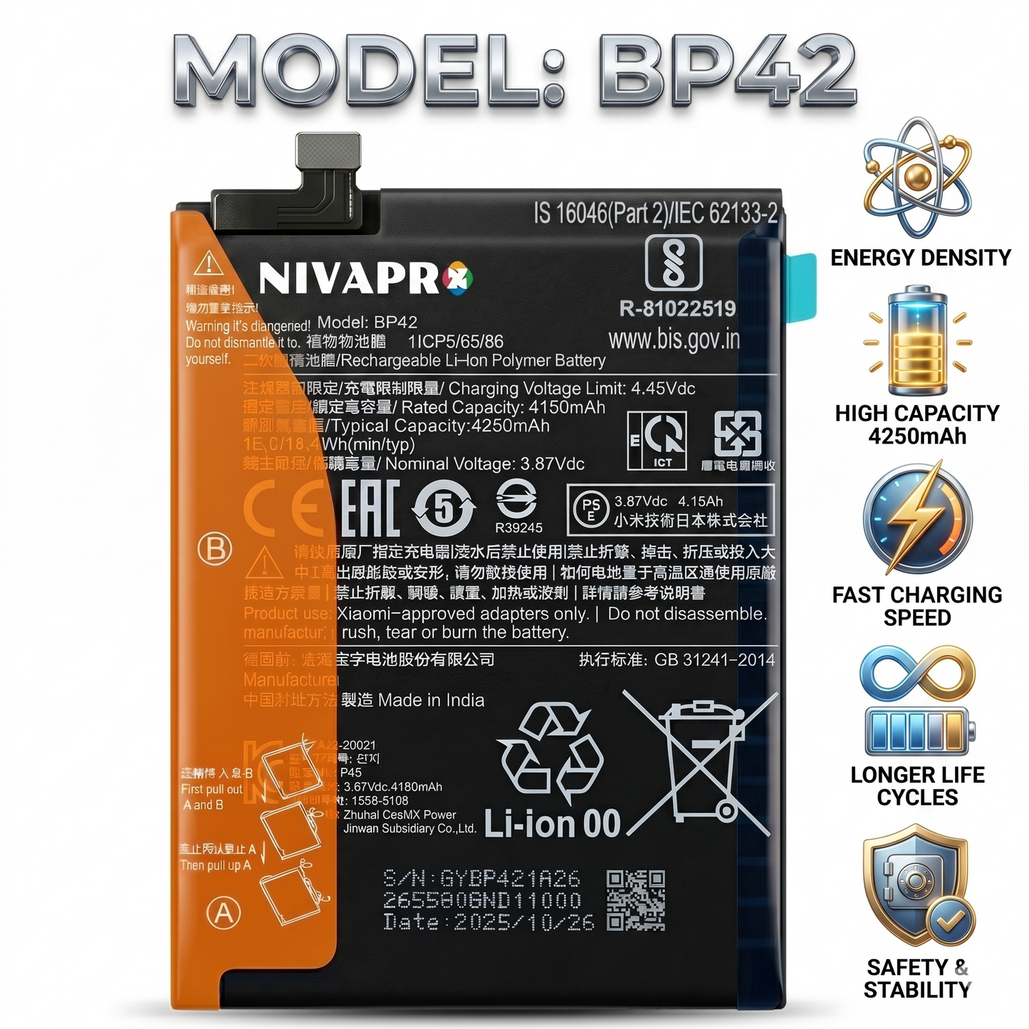 BP42 for  Xiaomi Mi 11 Lite 4G/5G, 11 Lite 5G NE with Warranty by NIVAPRO 4250mAh