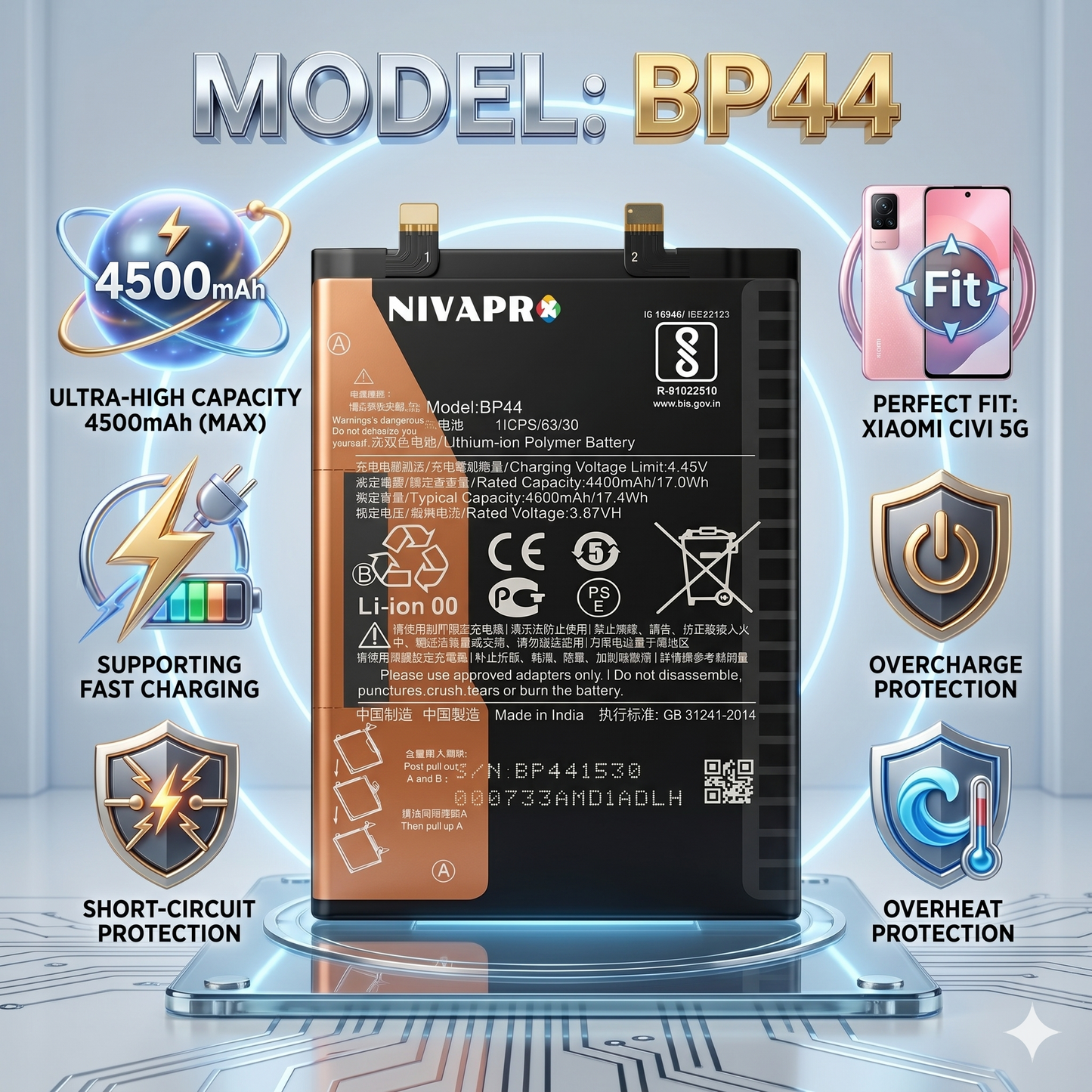 BP44 for  Xiaomi Civi 5G with Warranty by NIVAPRO 4500mAh