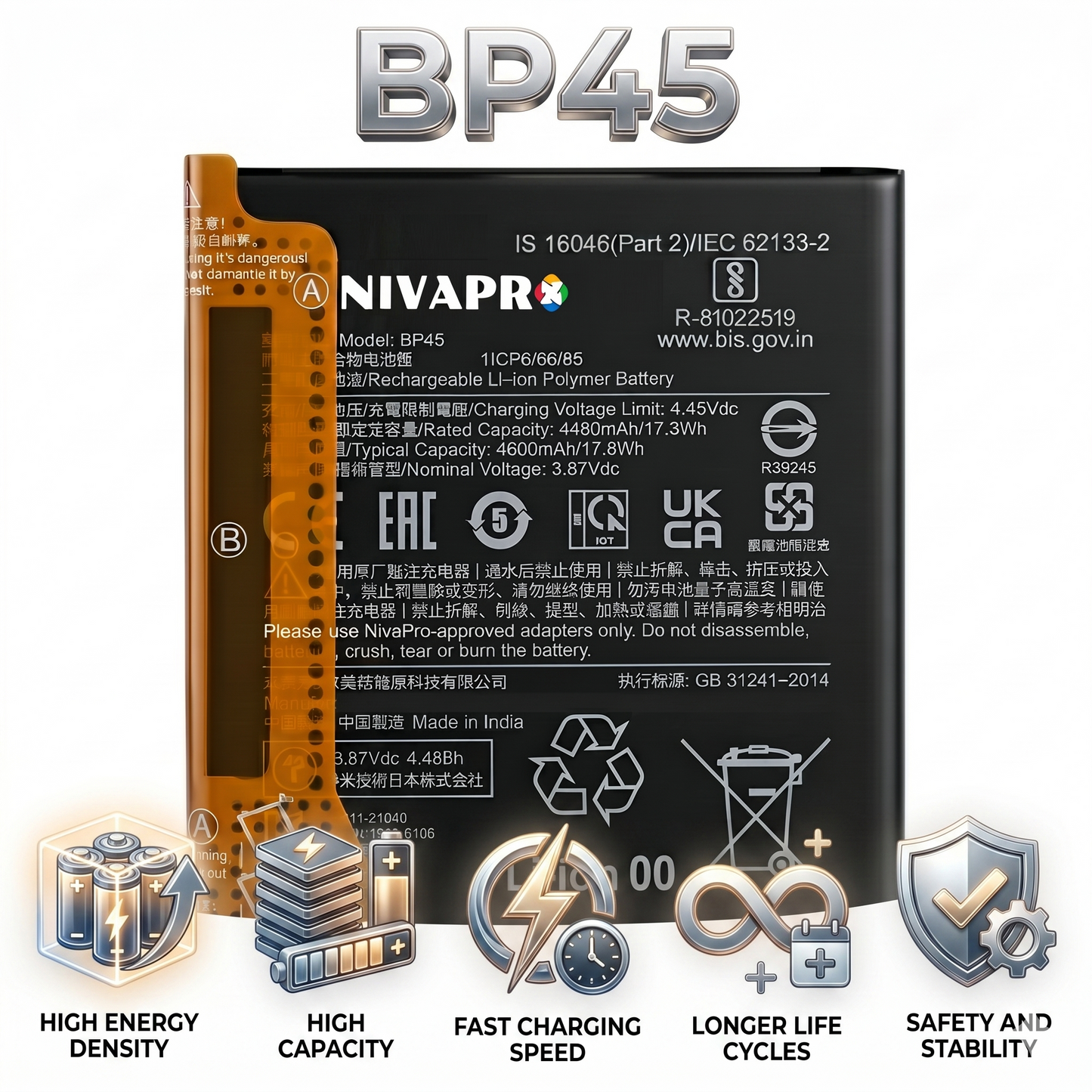 BP45 for Xiaomi 12 Pro 5G with Warranty by NIVAPRO 4600mAh