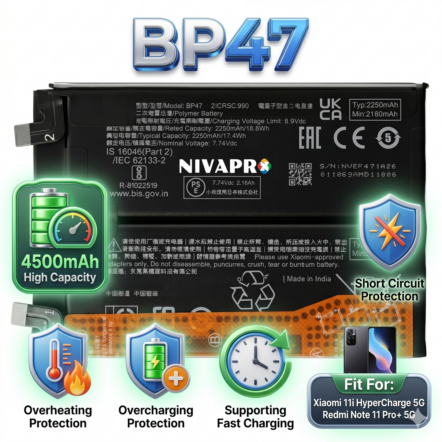BP47 for Xiaomi 11i HyperCharge 5G / Redmi Note 11 Pro+ 5G with Warranty by NIVAPRO 4500mAh