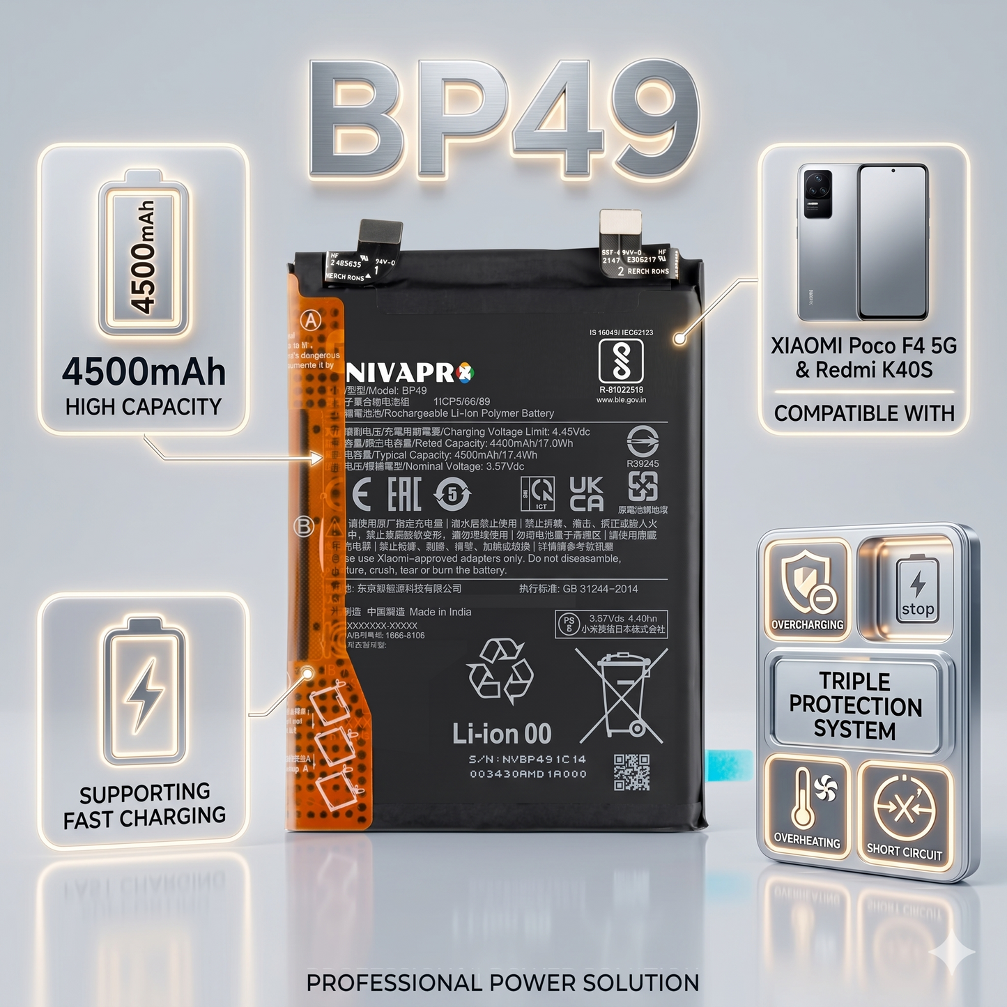 BP49 forXiaomi Poco F4 5G and the Xiaomi Redmi K40S with Warranty by NIVAPRO 4500mAh