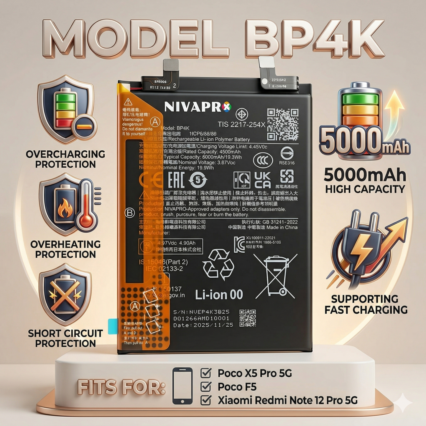 BP4K for Xiaomi Redmi 12 Pro 5g, POCO F5, POCO X5 Pro 5G  5000mAh with Warranty Compatible by NIVAPRO