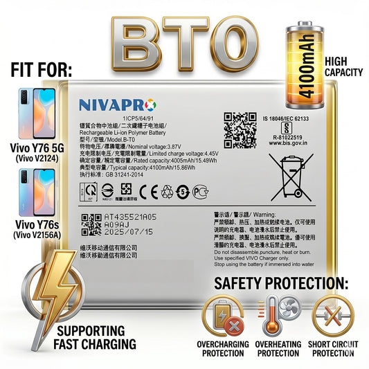 BT0 B-TO for Vivo Y76 5G (Vivo V2124) / Vivo Y76s (Vivo V2156A) smartphone 4100mAh Battery with warranty by NIVAPRO