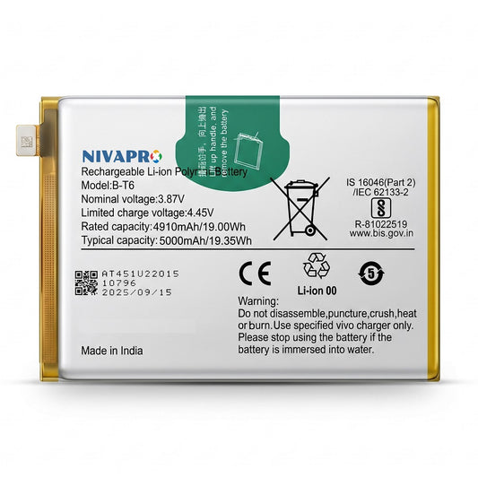 BT6 for  Vivo T1 5G (V2141, V2157) / iQOO Z6 5G (I2127) Mobile  5000mAh Battery with warranty by NIVAPRO