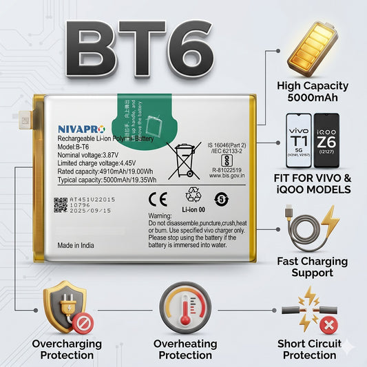 BT6 for  Vivo T1 5G (V2141, V2157) / iQOO Z6 5G (I2127) Mobile  5000mAh Battery with warranty by NIVAPRO