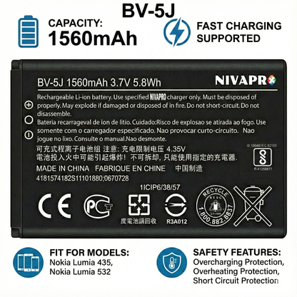 BV-5J Original Battery for Nokia Lumia 435 & Lumia 532 (1560mAH) Battery with Warranty by NIVAPRO