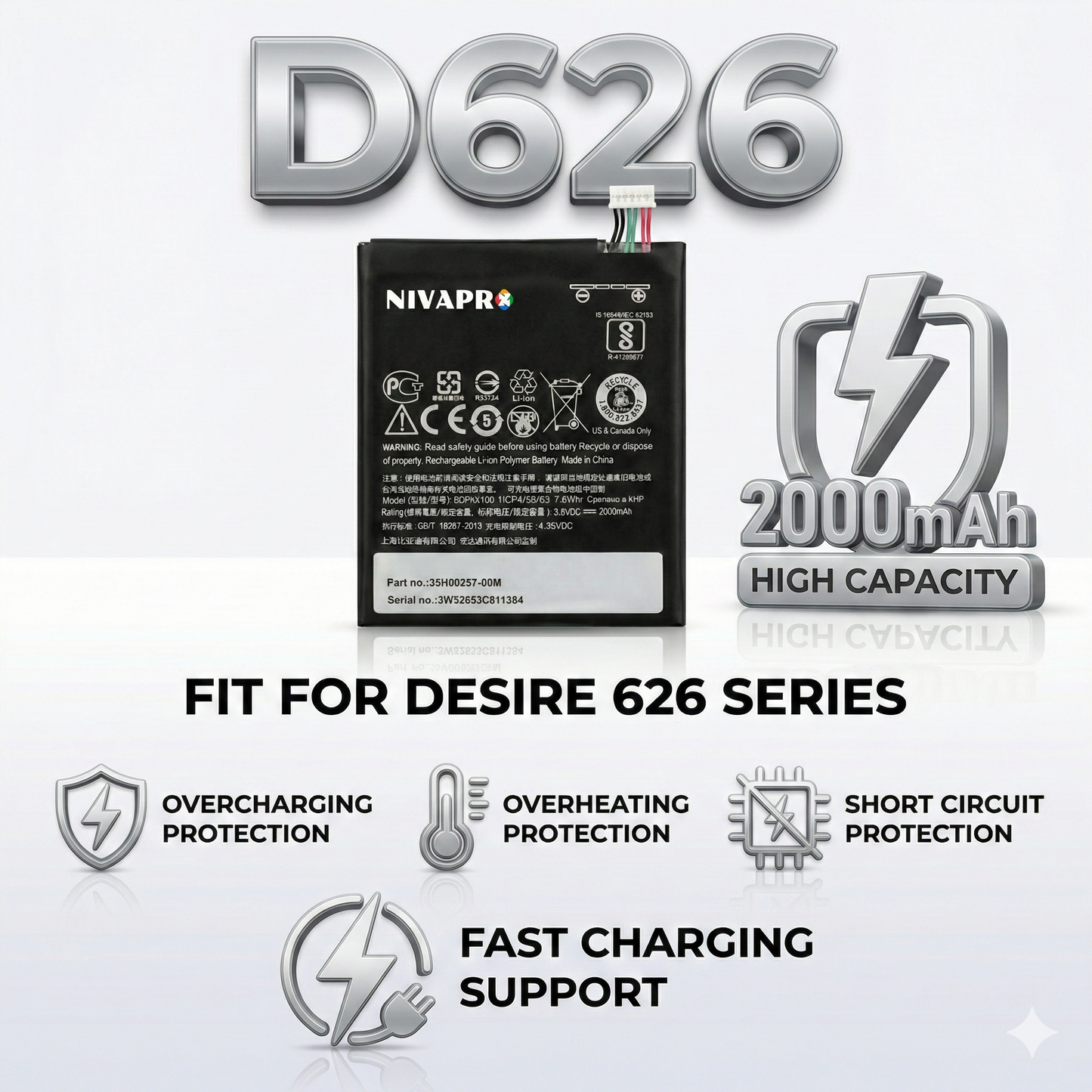 HTC D626 for HTC Desire 626  Compatible Battery  Replacement Battery by NIVAPRO