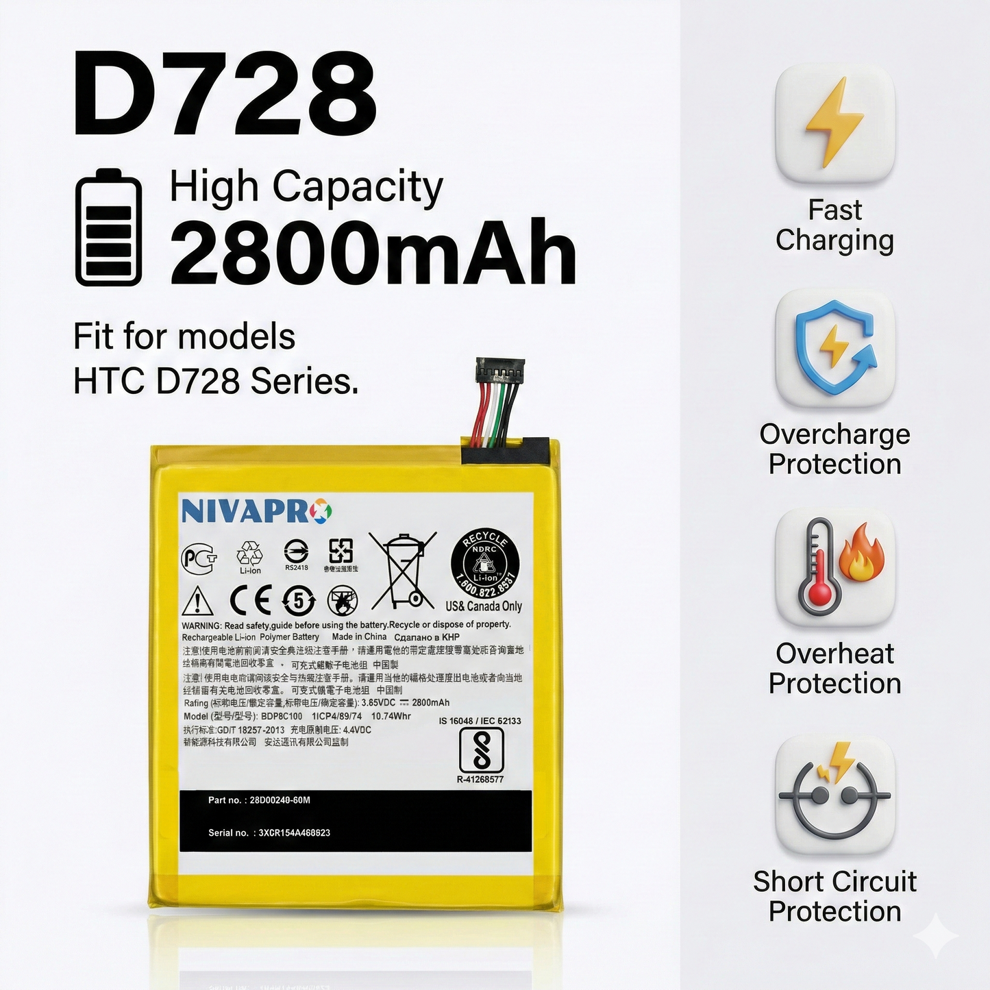 HTC D728  for HTC Desire 728 High-Quality Compatible Replacement Battery by NIVAPRO