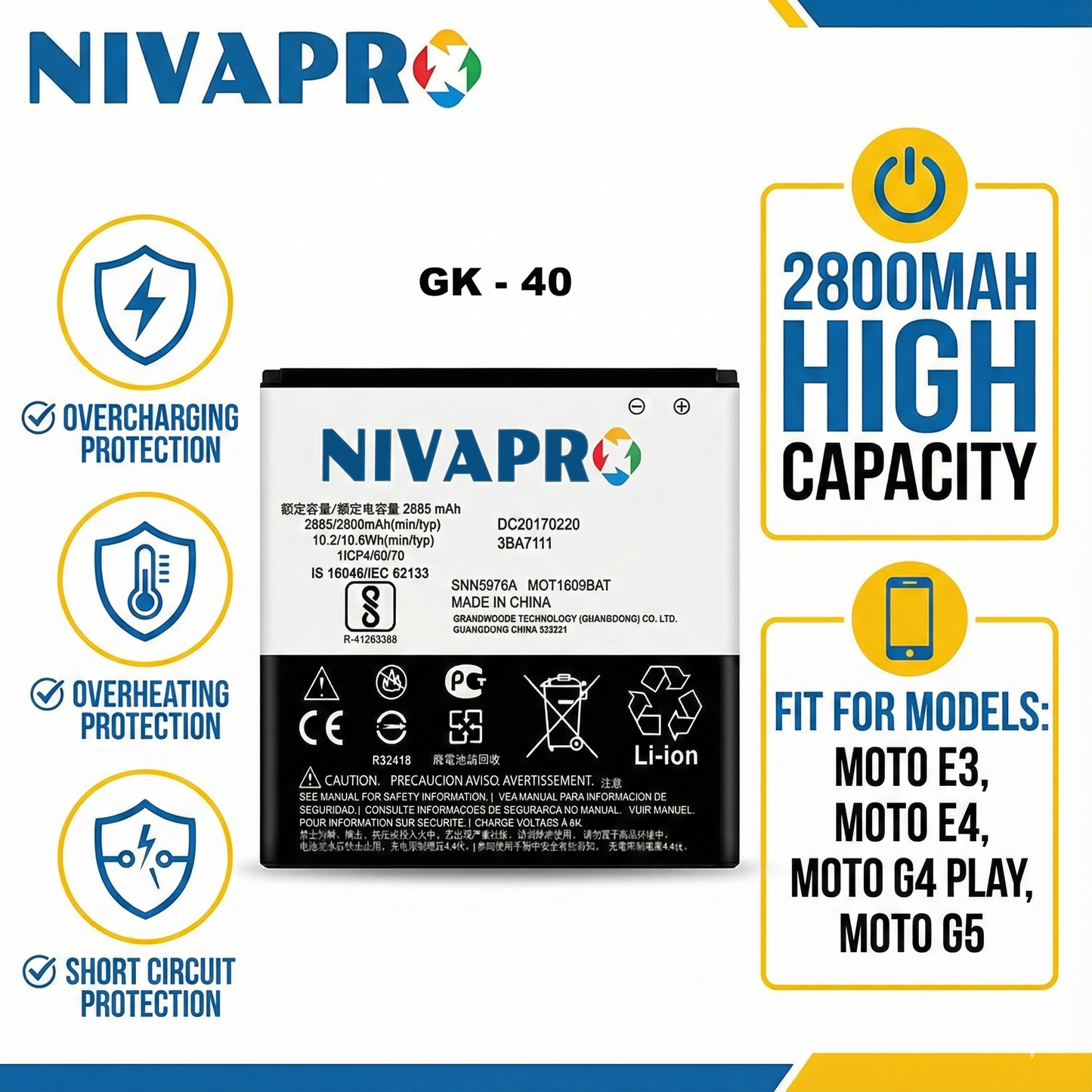 NIVAPRO GK40 FOR Moto E3 | Moto E4 | Moto G4 Play | Moto G5 | XT1700  2800mAh, 3.7v (Copy)