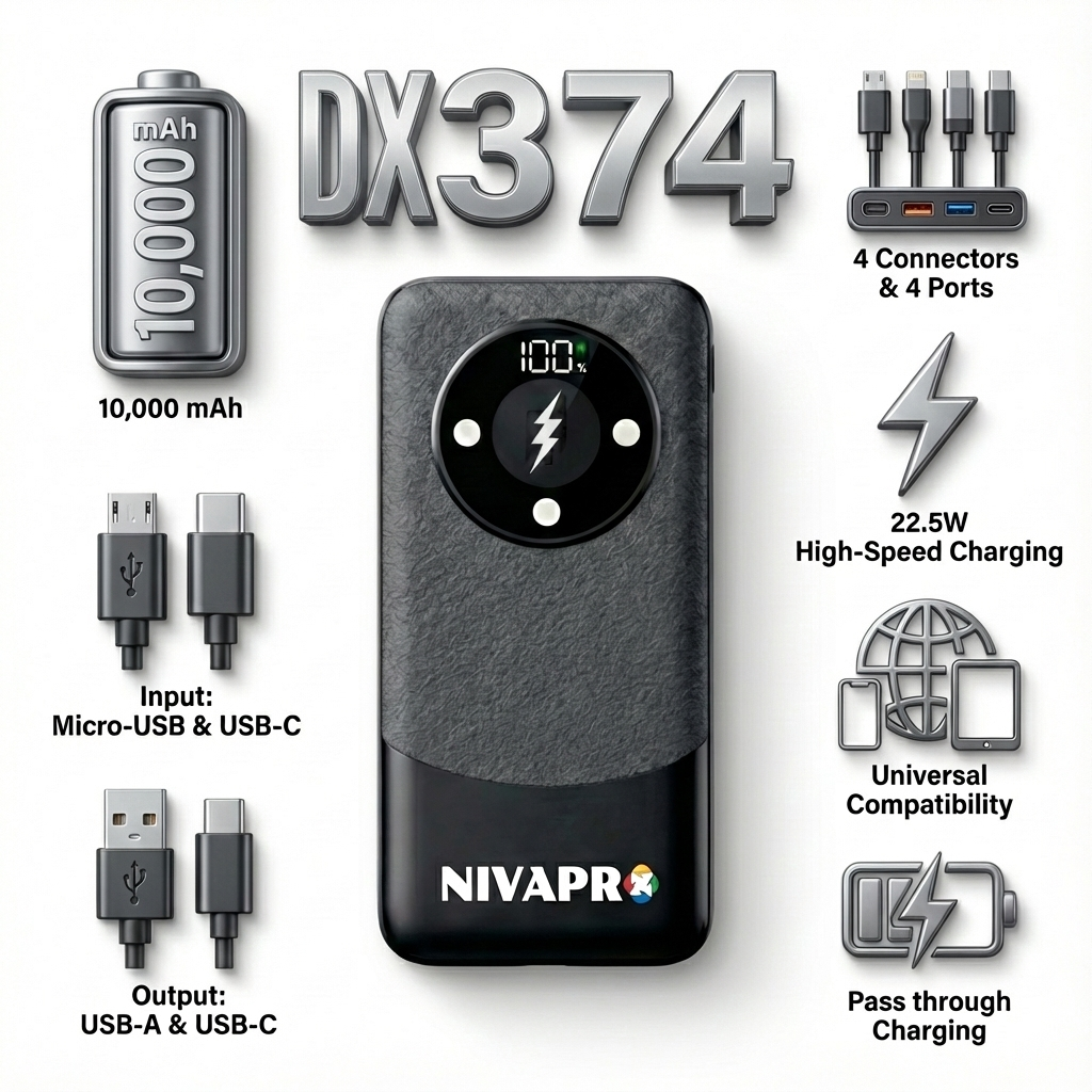 NIVAPRO 10000mAh Power Bank with 22.5W ultrafast Charging, Pass-Through Support, in-Built connectors, Airline Approved, Digital% Display.