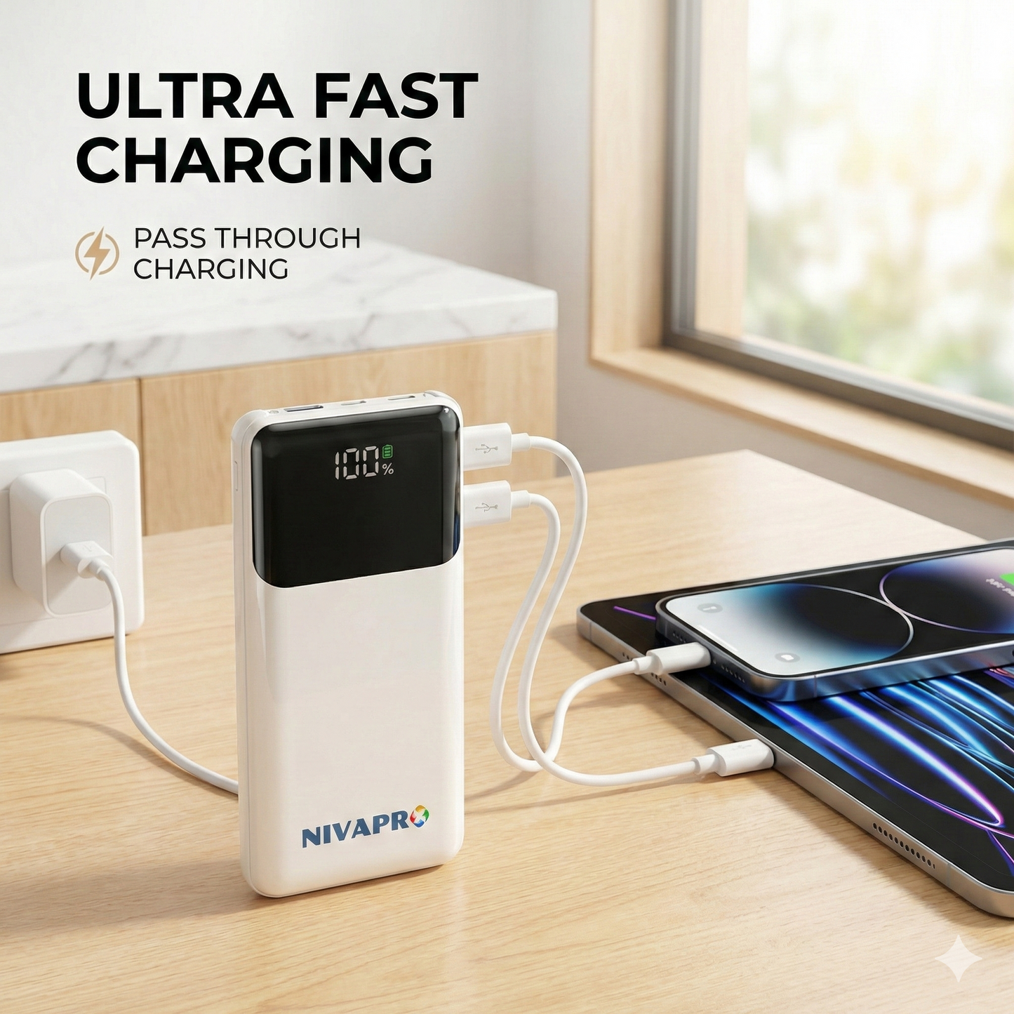10000mAh Power Bank with 22.5W ultrafast Charging, Pass-Through Support, in-Built connectors, Airline Approved, Digital% Display. (Copy)