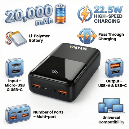Slim & High capacity Power Bank - Black (20000 mAh)