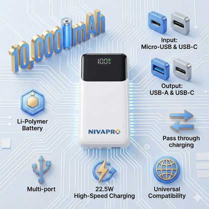 10000mAh Power Bank with 22.5W ultrafast Charging, Pass-Through Support, in-Built connectors, Airline Approved, Digital% Display. (Copy)