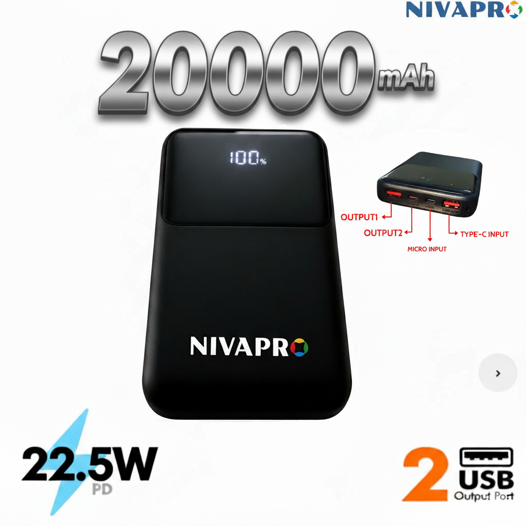 Slim & High capacity Power Bank - Black (20000 mAh)
