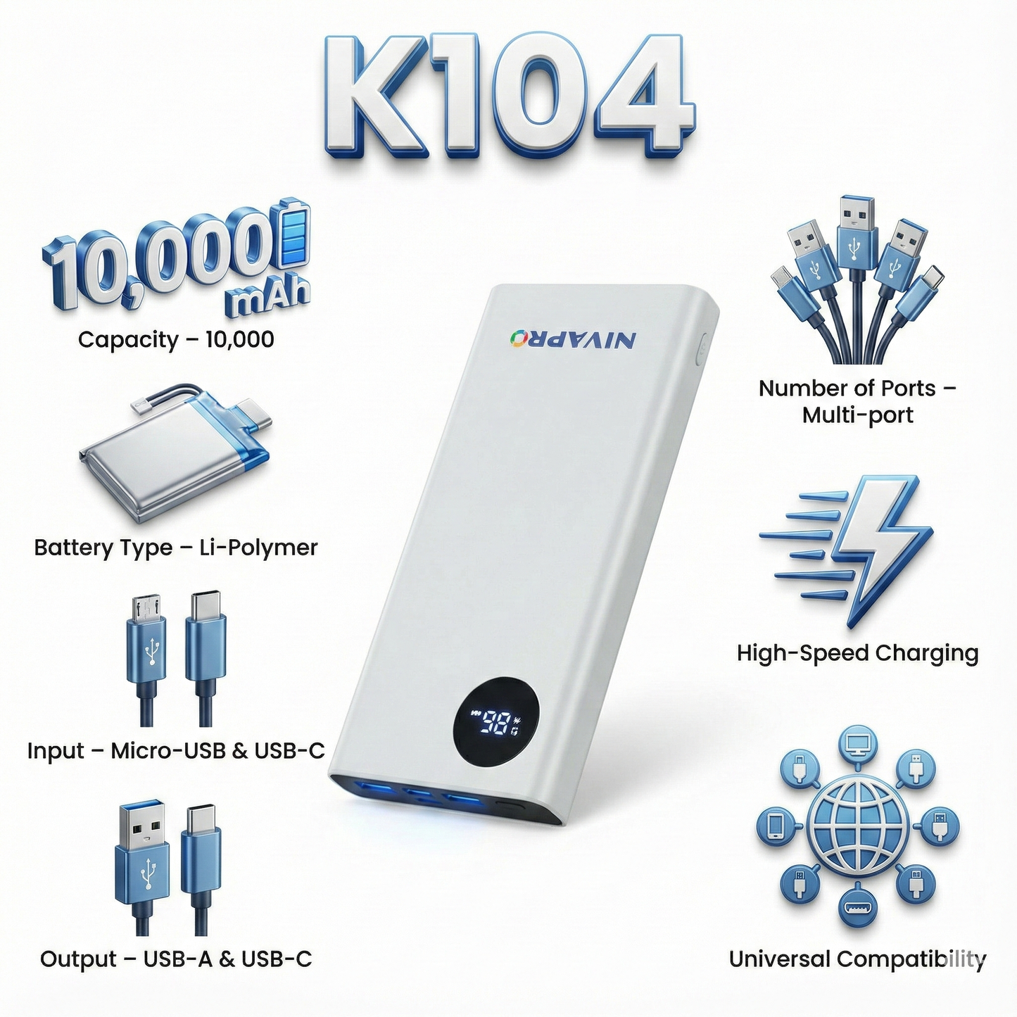 Compact and reliable power bank K104 White