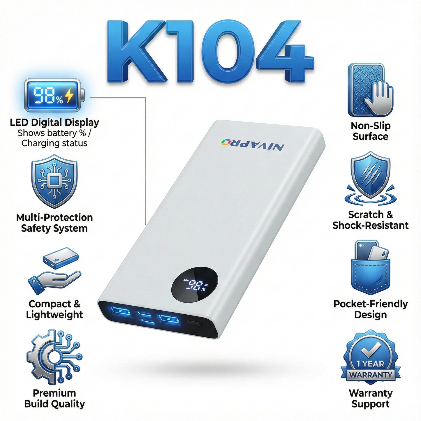 Compact and reliable power bank K104 White
