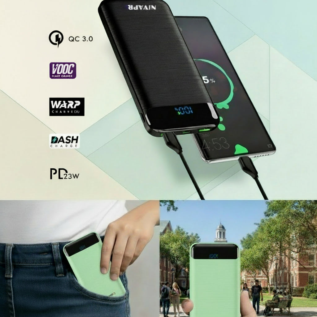 NIVAPRO power bank with charging indicators and a person holding it outdoors.