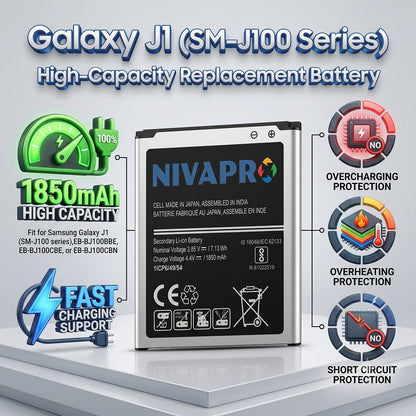 Galaxy J1 (SM-J100 Series), EB-BJ100BBE, EB-BJ100CBE, or EB-BJ100CBN compatible Battery 1850mAh by NIVAPRO