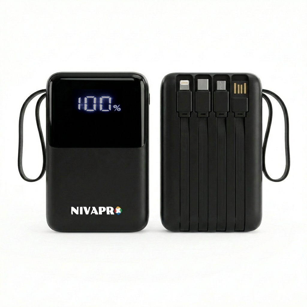 NIVAPRO 10000mAh Power Bank with 22.5W ultrafast Charging, Pass-Through Support, in-Built connectors, Airline Approved, Digital% Display.