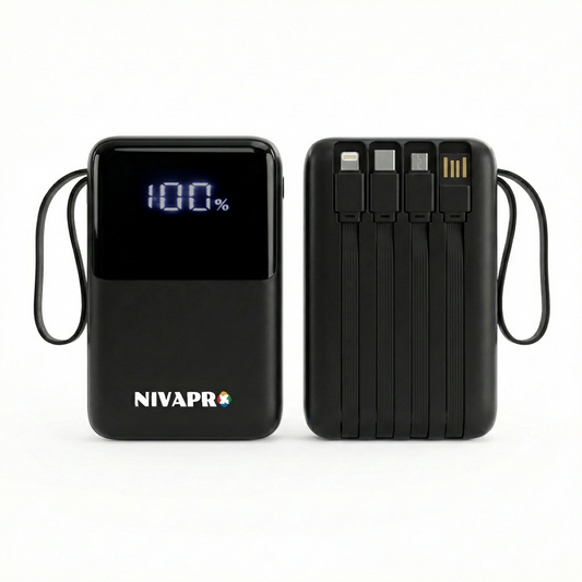 NIVAPRO 10000mAh Power Bank with 22.5W ultrafast Charging, Pass-Through Support, in-Built connectors, Airline Approved, Digital% Display.